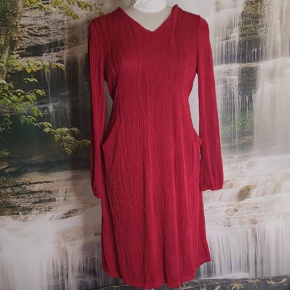 New! Womens XL burgundy wine swirly ribbed long sleeve knit dress with pockets